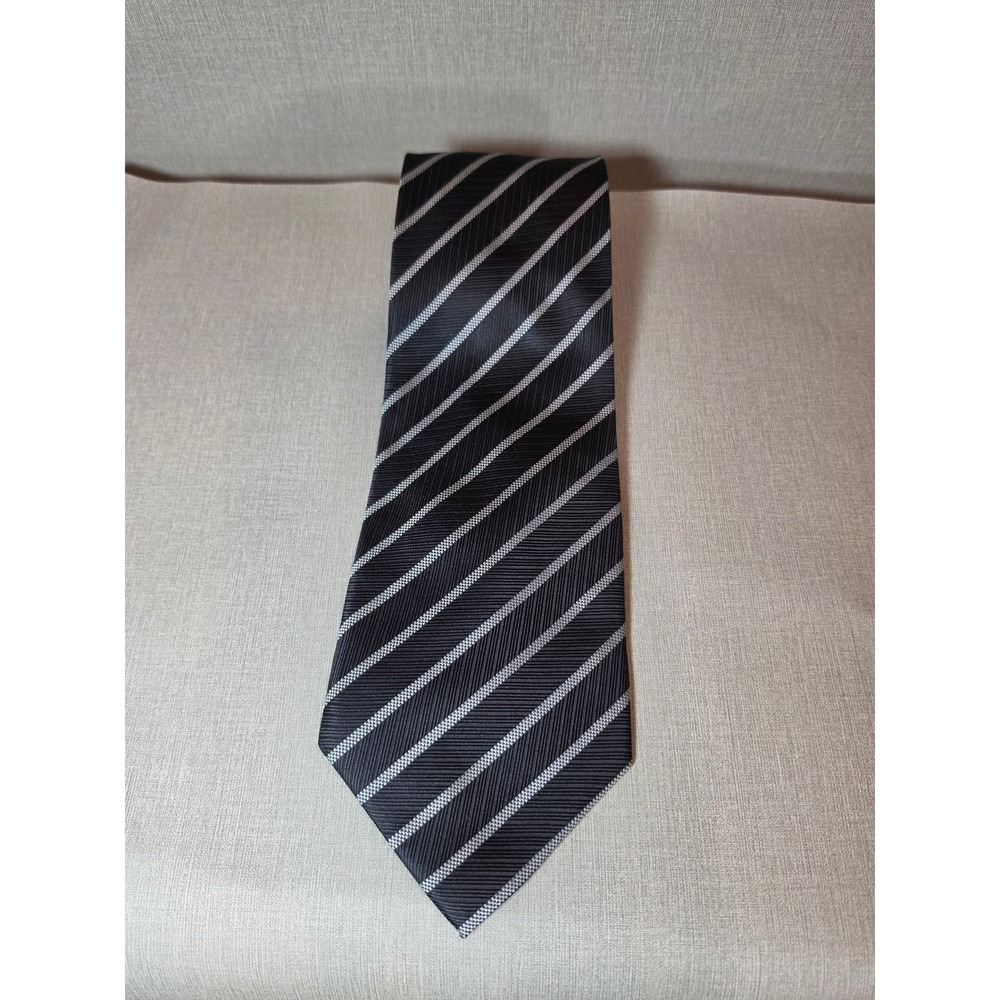 Giorgio Armani Mens Silk Necktie Black White Diagonal Striped Made in Italy